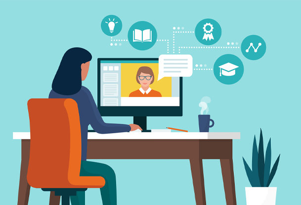 Illustration of a woman working on a computer with various symbols popping out.